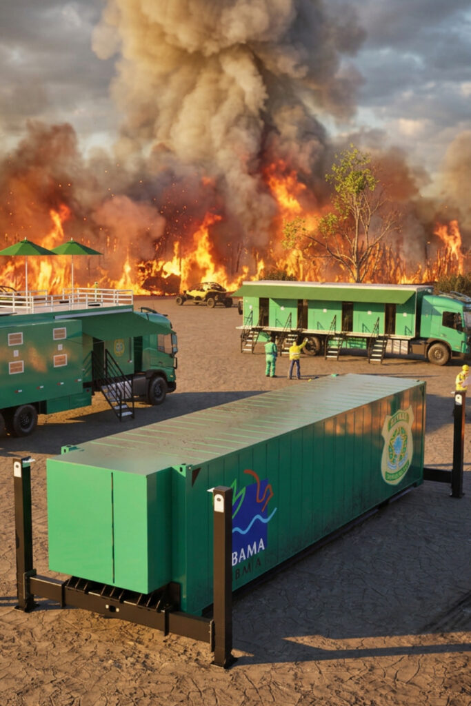 Incêndio florestal com veículos de apoio.